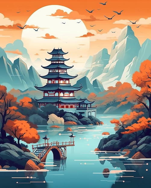 Chinese landscape mapdistant mountains flat illustration Generative AI