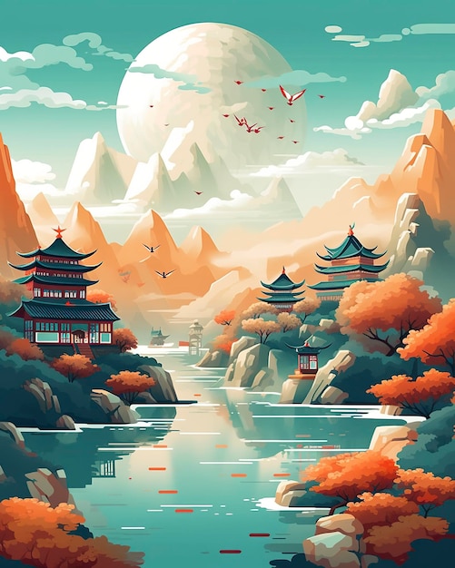 Chinese landscape mapdistant mountains flat illustration Generative AI