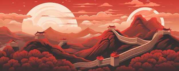 Китайский пейзаж горы монументальные дома в природе Иллюстрация Generative ai