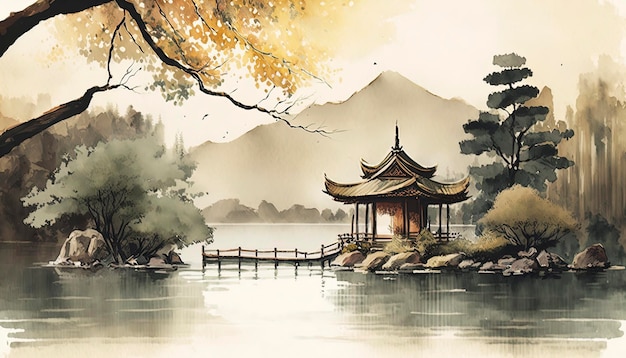 Chinese landscape and natural scenery in watercolor style AI technology generated image