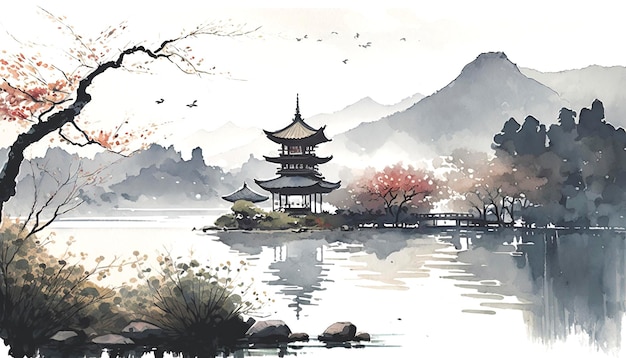 Китайский пейзаж и природные пейзажи в стиле акварели, созданные с помощью технологии искусственного интеллекта