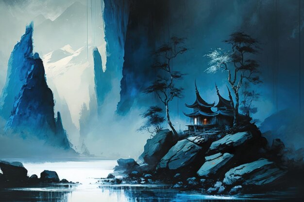 Chinese landscape painting techniques for advertising or other uses
