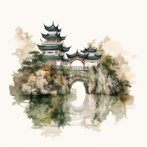 Китайский пейзаж с мостом и мостом. акварельная живопись моста и моста с мостом и мостом посередине бесплатная иллюстрация