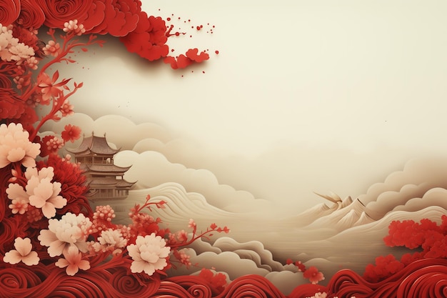 Chinese landscape with clouds pagoda and cherry blossom