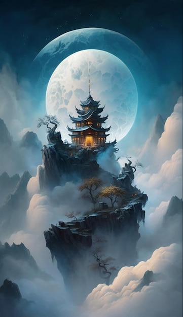 A chinese landscape with a pagoda on the top of a mountain.
