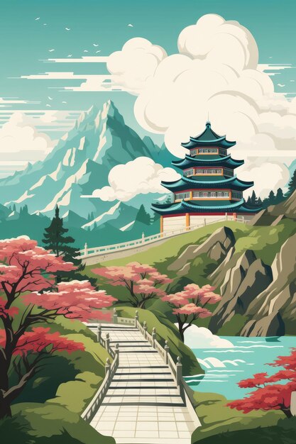 Chinese landschap mountians monumentale huizen in de natuur Illustratie Generatieve ai