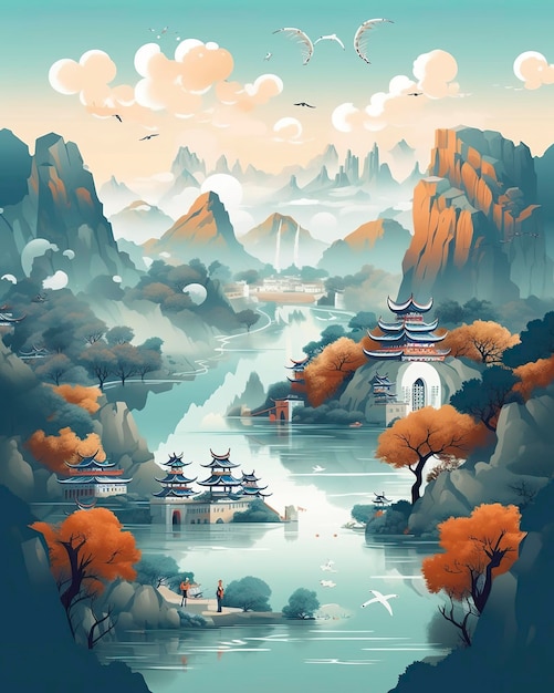Chinese landschapskaart verre bergen vlakke afbeelding Generatieve AI