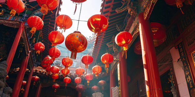 Chinese lantaarns in een Chinese tempel Chinese Lunar nieuwjaar achtergrond