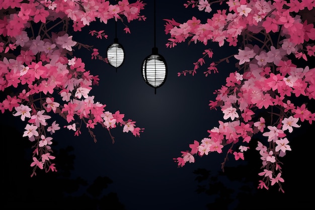 Photo chinese lantern hanging on blossom tree in dark background illustration