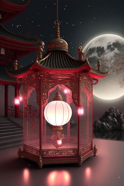 Chinese lantern lit up at night with a full moon in the background generative ai