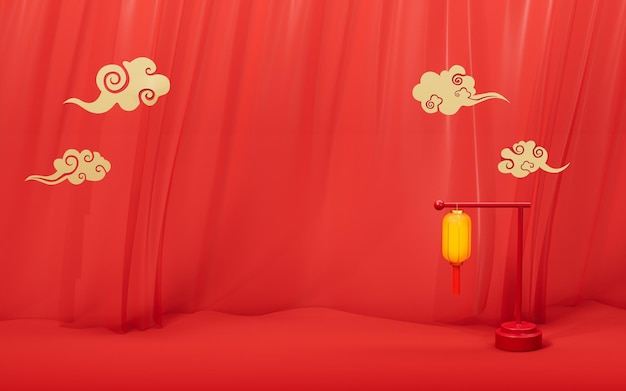 Chinese lantern and red curtains background 3d rendering