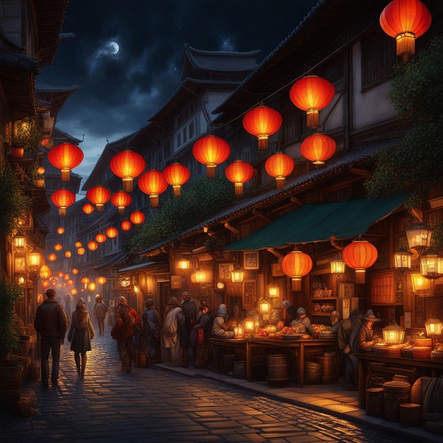 街の通りで夕方の中国のランタン