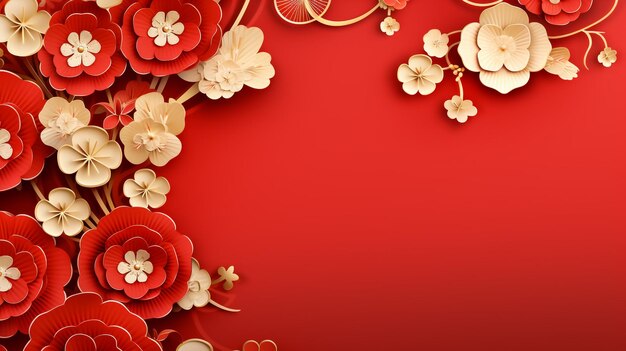 Chinese lanterns and flowers on red background vector banner