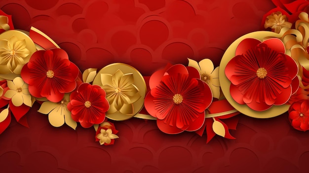 Chinese lanterns and flowers on red background vector banner