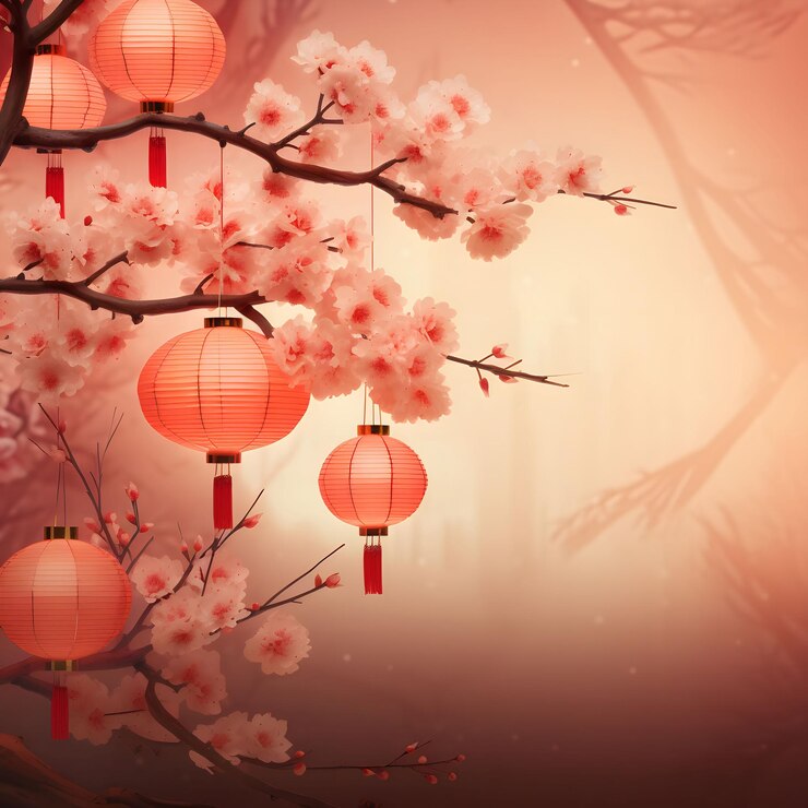 桜 の 花 の 枝 に 掛かっ て いる 中国 の ランタン