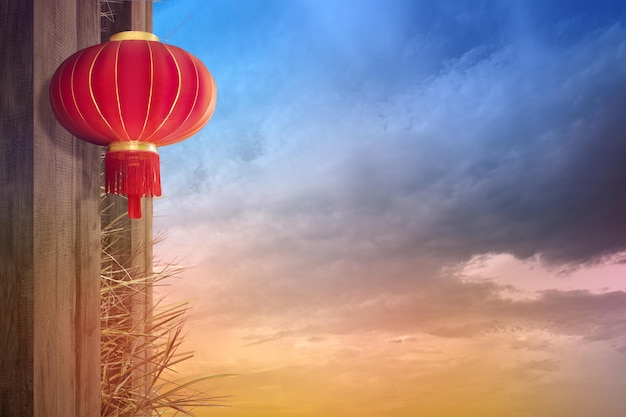 Chinese lanterns hanging with dramatic sky background