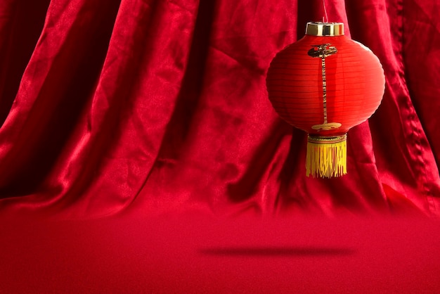 Chinese lanterns hanging with red curtain background