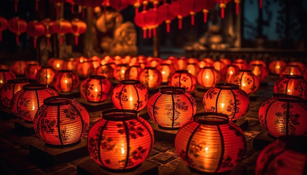 Chinese lanterns illuminate the night symbolizing spirituality and indigenous culture generated by artificial intelligence