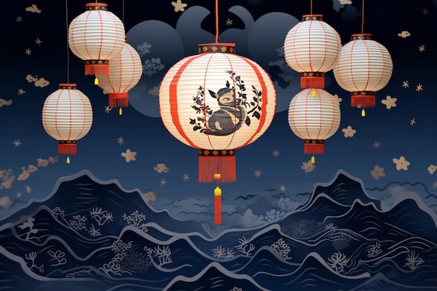 Chinese lanterns in the night sky with clouds