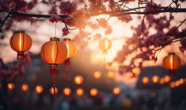 Фото Китайские фонари на закатном фоне китайский новый год