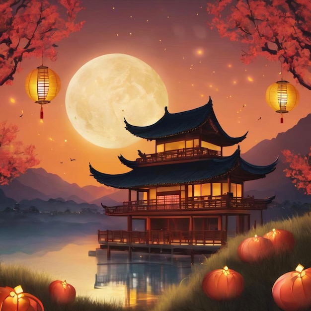 Chinese lanterns and a pagoda create a captivating scene