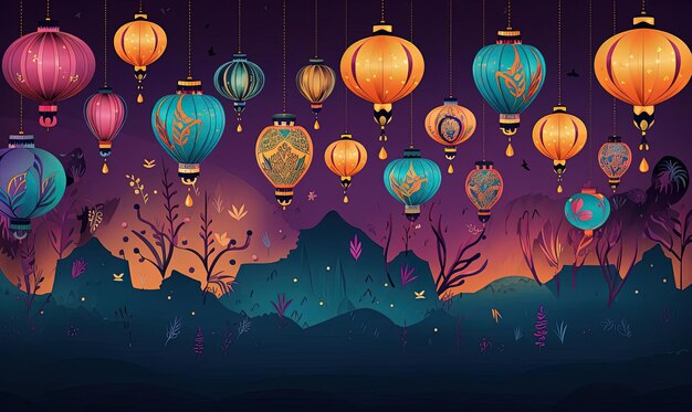 Photo chinese lanterns with beautiful decor on purple background