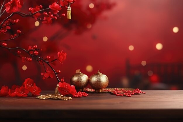 Chinese lanterns with sakura on a red background