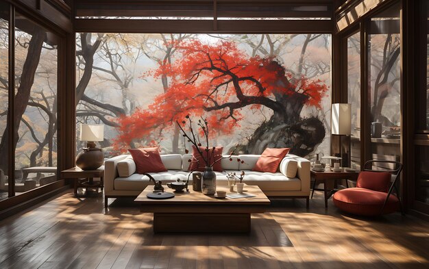 Photo chinese large terrace with sofa transparent glass flower and tree