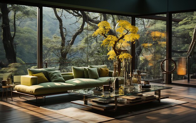 chinese large terrace with sofa transparent glass flower and tree