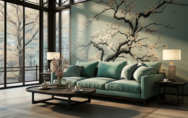 Foto grande terrazza cinese con divano, fiore e albero di vetro trasparente