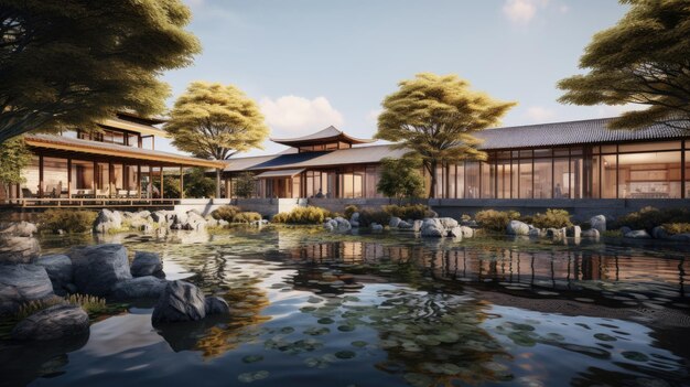 写真 中国の図書館は川と古いスカンジナビア建築に囲まれた田園地帯に位置しており、ブロック内にたくさんの中庭と中庭があるミニマルなデザインです