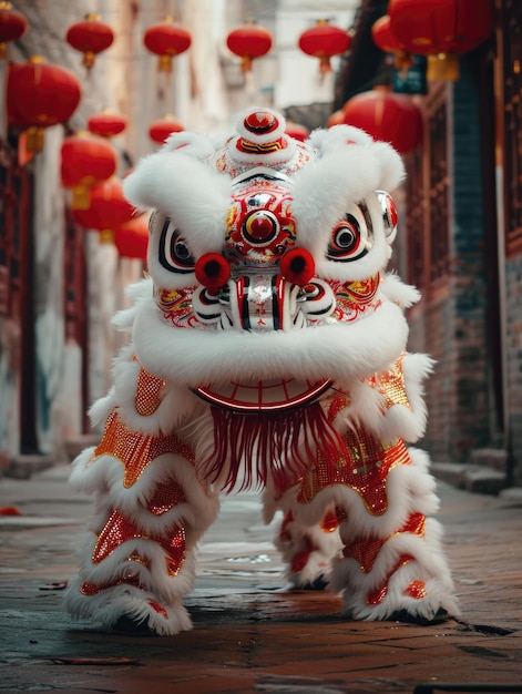 Chinese lion costume dance during Chinese New Year celebration