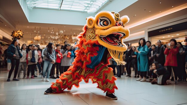 Chinese lion dancing and celebrating the Chinese New Year in shopping mall