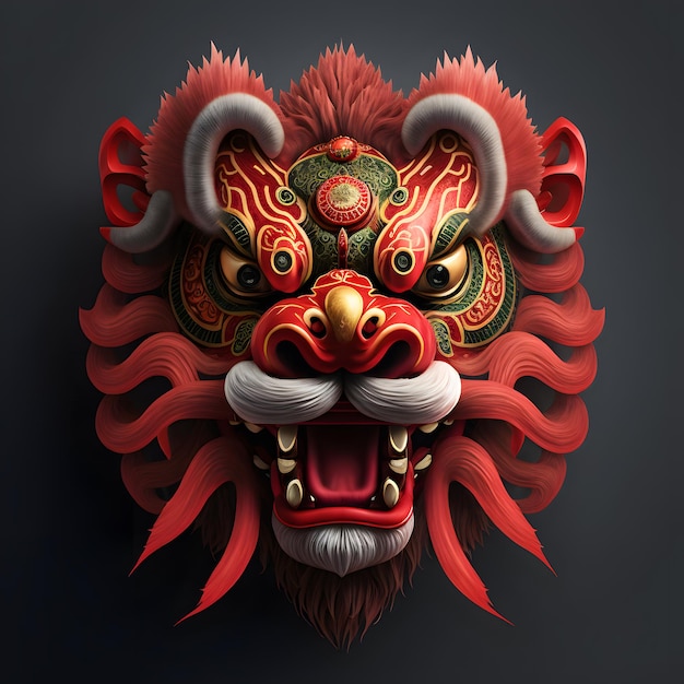 A chinese lion with a chinese symbol on its face
