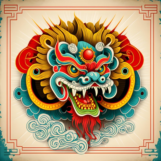 얼굴에 중국 상징이 있는 중국 사자