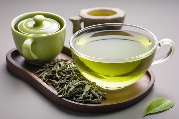 Photo chinese long jing green tea with small pot and cups isolated on white