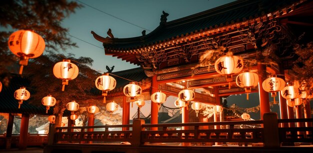 Chinese Lunar New Year red lanterns on the street of a Chinese city Happy holiday concept Copy space Banner