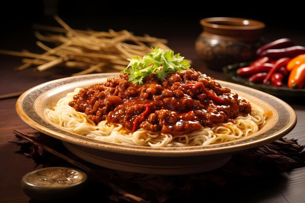 Photo chinese main course a sichuan dish made with vermicelli noodles ground meat chili bean paste