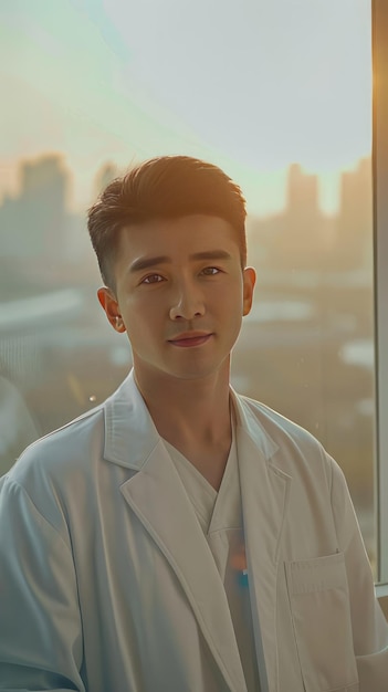 Chinese man doctor in a white coat with a sweet smile against the background of a hospital ward The concept of modern medicine health