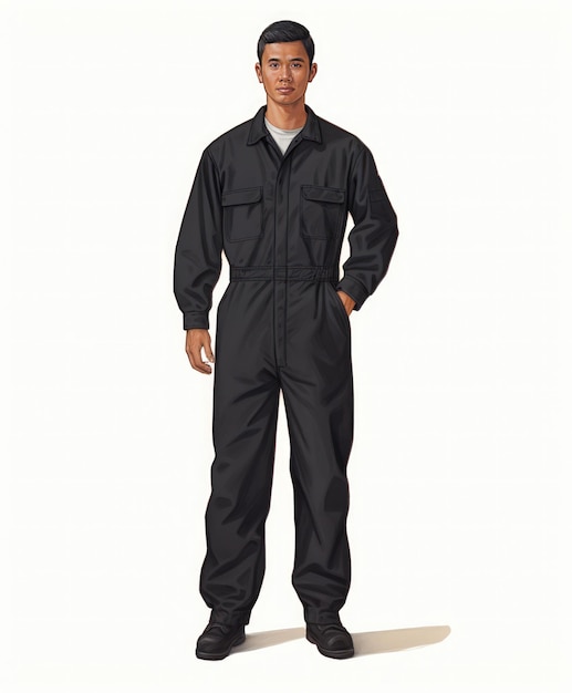 Chinese man in grote overall met ritssluiting aan de voorkant van American Workwear monochromatische minimalistische stijl