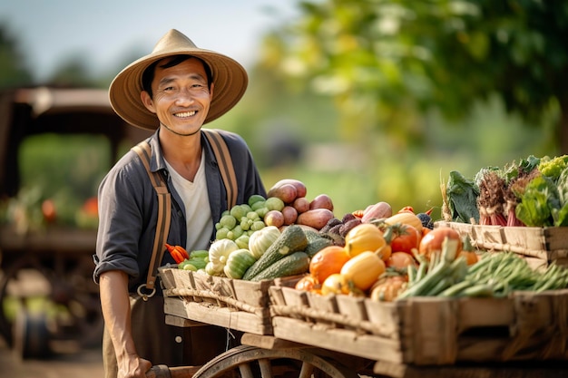 写真 新鮮な果物と野菜を販売するカートの近くに立っている帽子をかぶった中国人男性