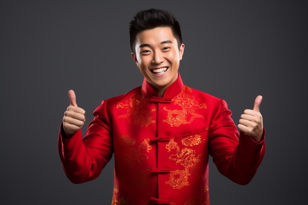 chinese man thumbs up wearing traditional red suit