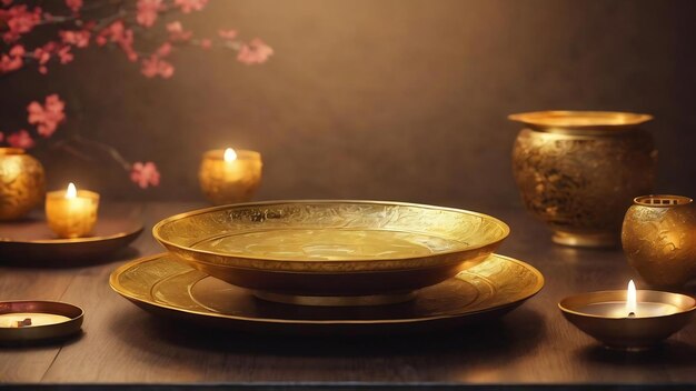 Chinese mid autumn festival with empty golden plate