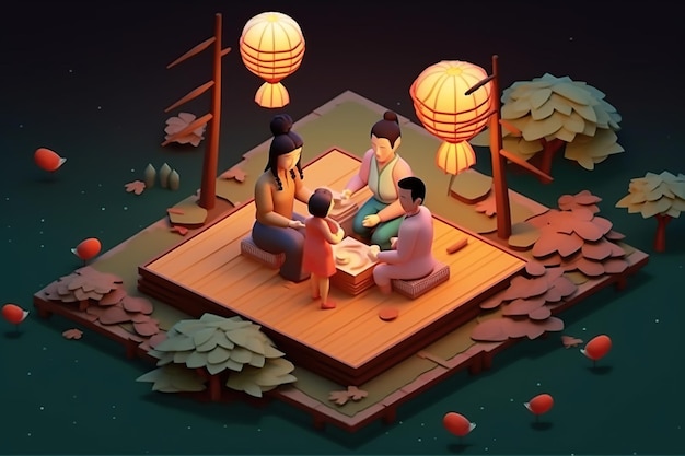 Chinese mid autumn isometric 3D style art Generative AI