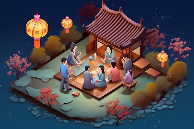 Chinese mid autumn isometric 3D style art Generative AI