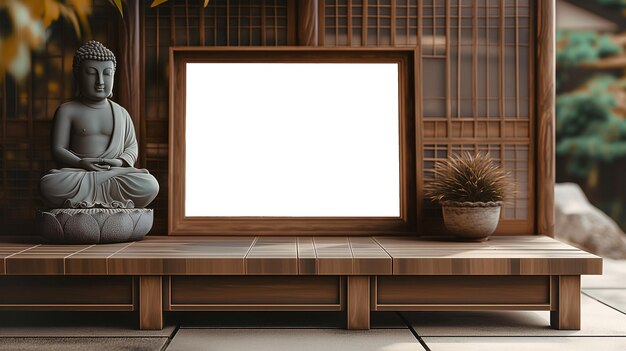 Foto chinese mockup houten frame foto boeddha standbeeld buiten op de natuur verticale boarder mockup leeg bord