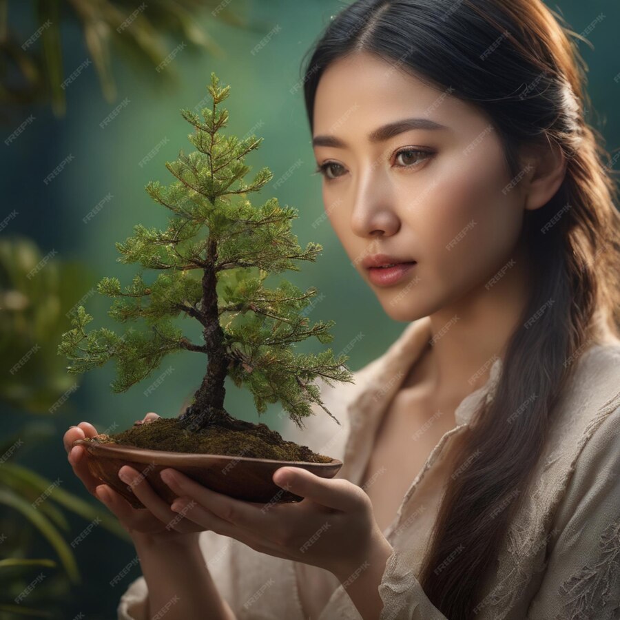  Premium AI Image | Chinese model hoding a small tree