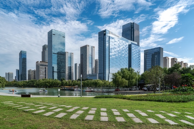 Chinese modern city with skyscrapers near the river