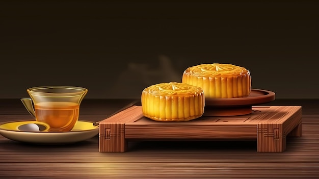 Chinese moon cake custard flavour with tea on wood plate Generative Ai