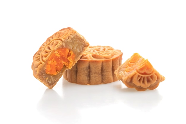 Chinese moon cake durian and egg yolk flavour isolated on white